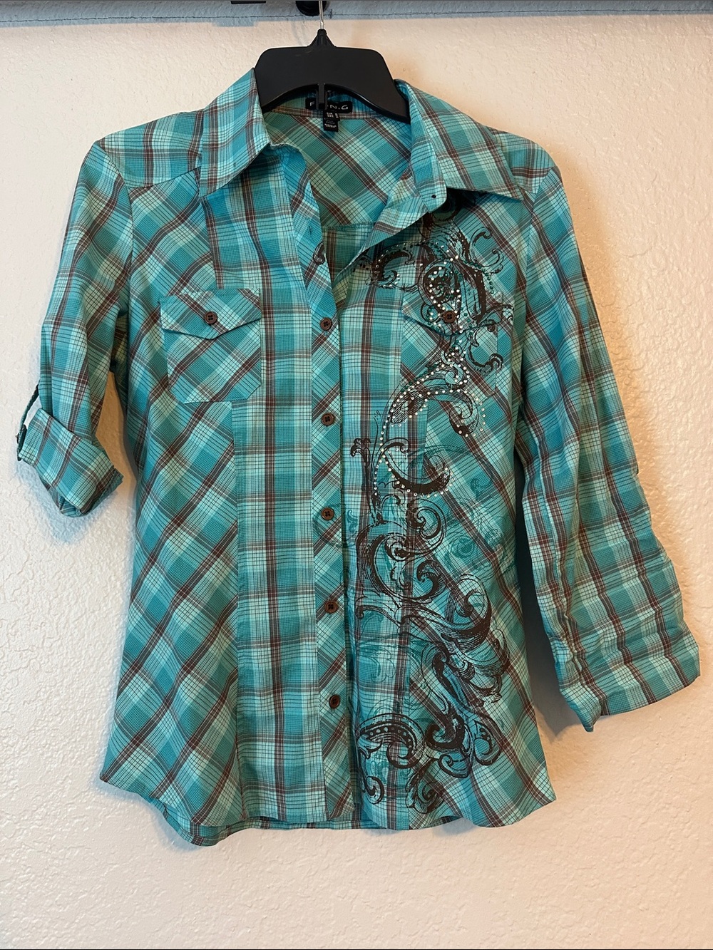 FANG Plaid Button-Up Shirt in Teal and Brown with bedazzle! - Picture 6 of 8